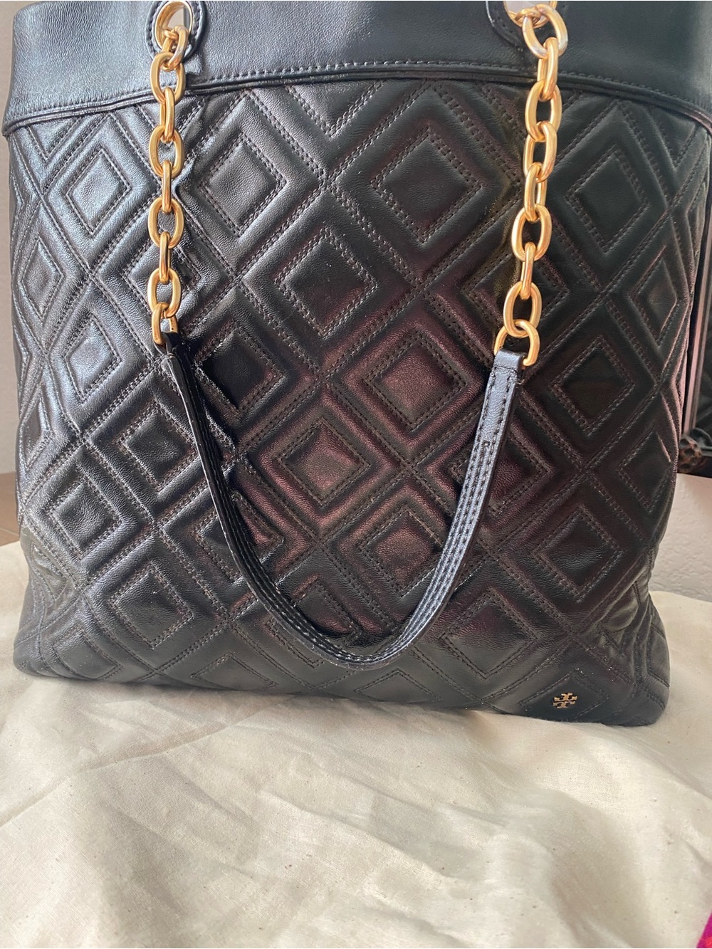 Tory Burch Black Quilted Leather Tote with Gold Chain Handles